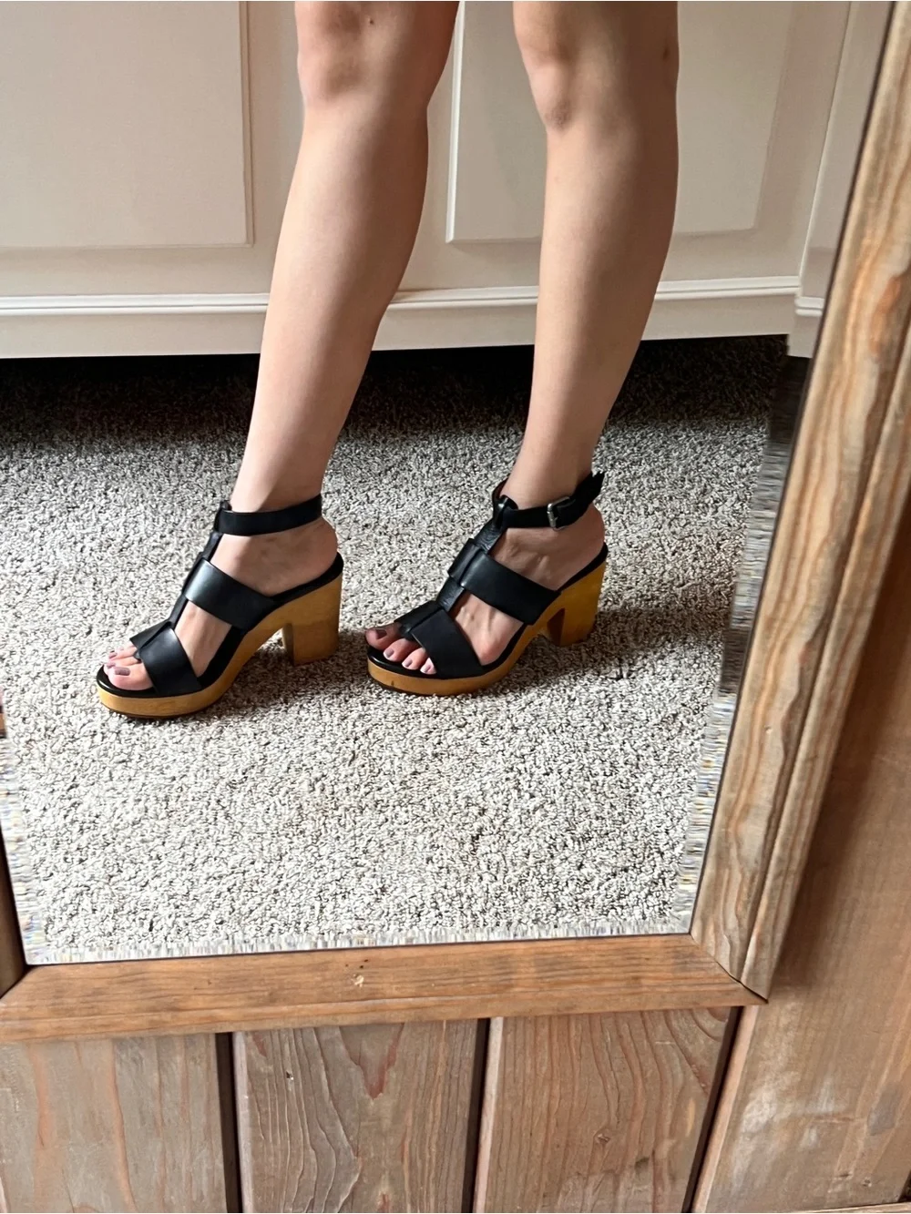 Black Leather Strappy Platform Sandals with Wood Heel